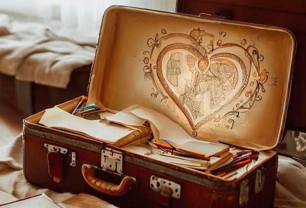 open antique suitcase with heart picture carved into it